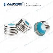 Крышки для виал, 18 мм серебристого цвета, металлические, с открытым верхом (отверстие 8 мм) септа 17,5 мм натуральный PTFE/синий силикон толщиной 1,5 мм, UltraClean 100/pk, C0000975 ALWSCI